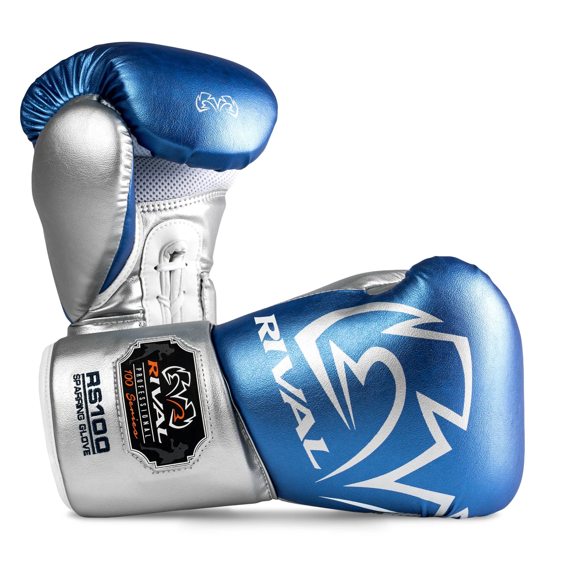 Blue and silver boxing gloves with 'Rival' branding on a white background