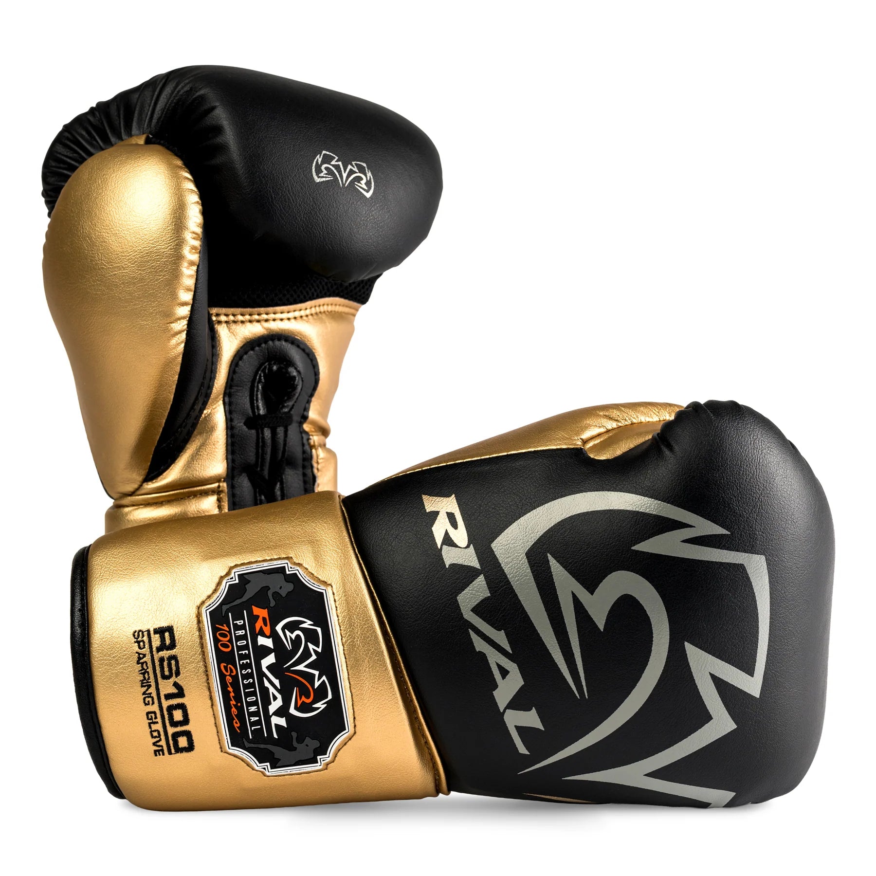 Pair of black and gold boxing gloves with 'Rival' branding on a white background