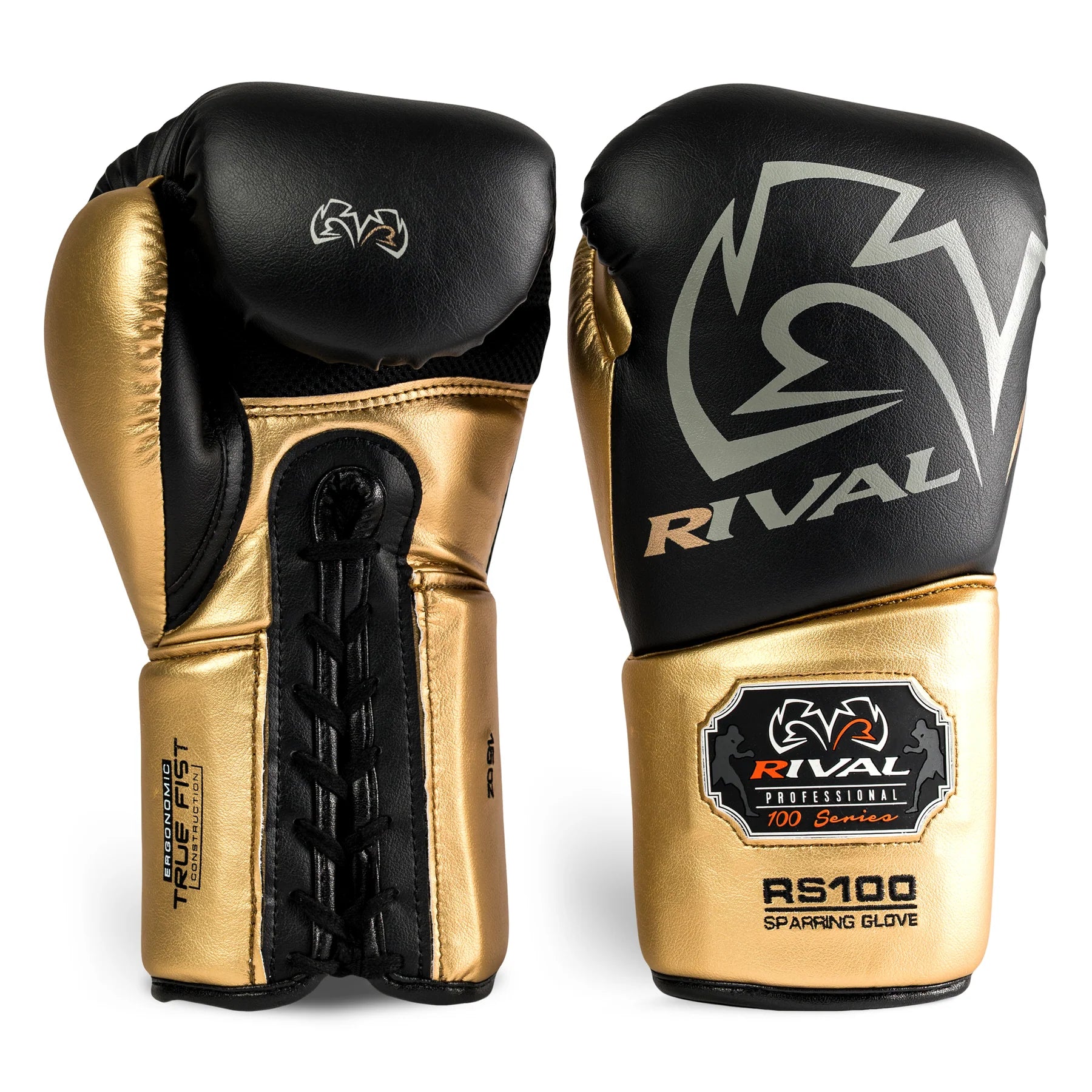 Pair of black and gold boxing gloves with 'Rival' branding on a white background