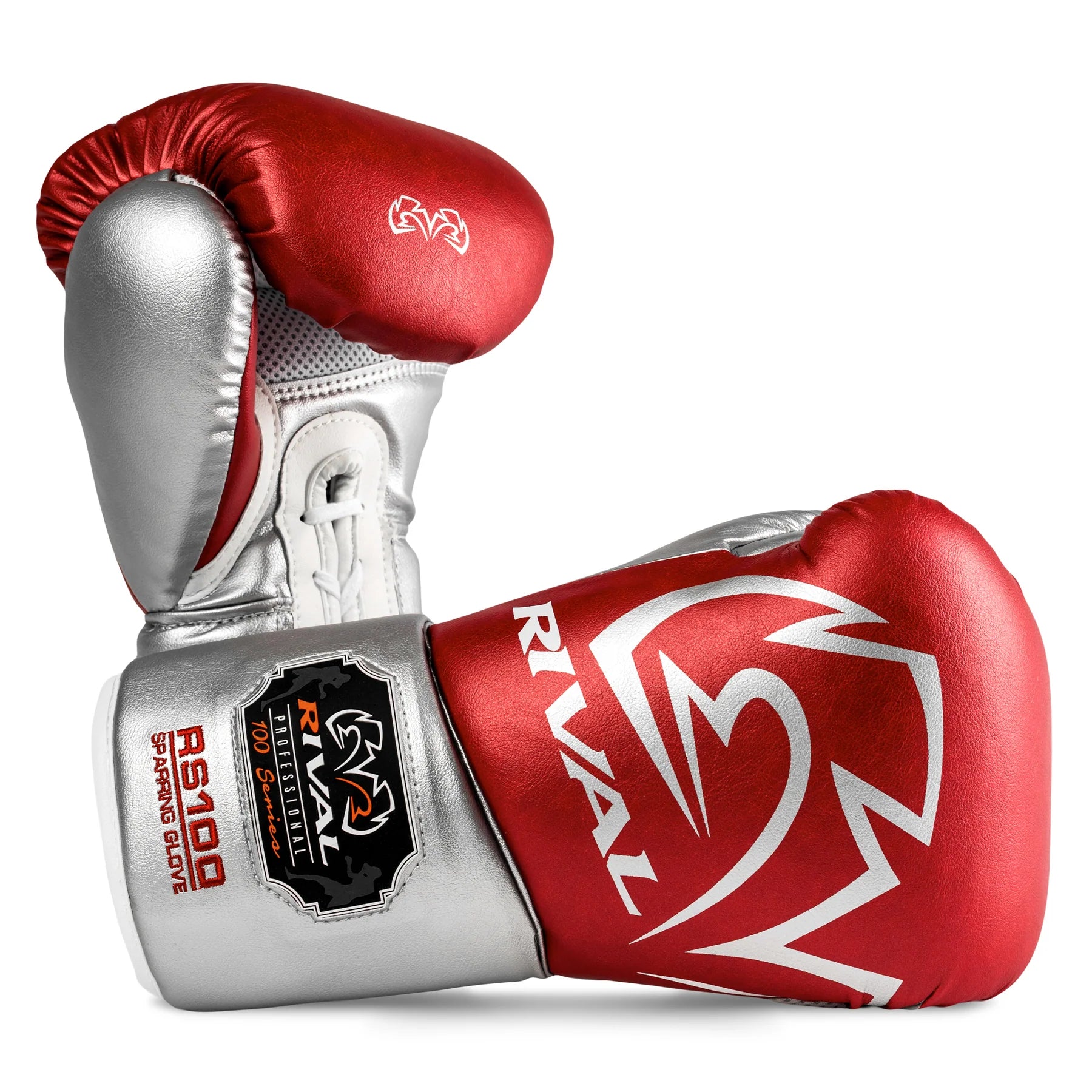 Red and silver boxing gloves with 'Rival' branding on a white background