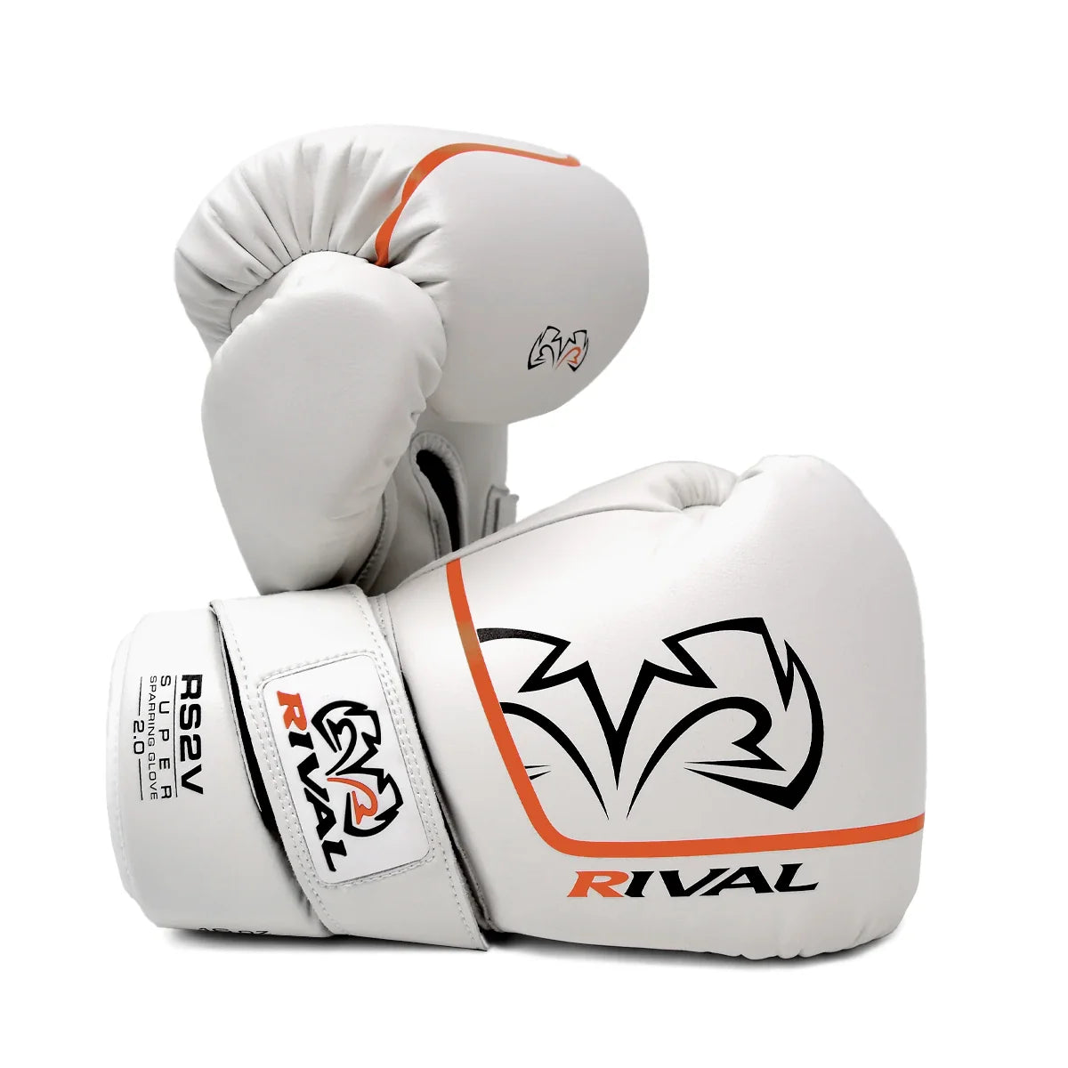 White boxing gloves with orange accents and 'Rival' branding on a white background