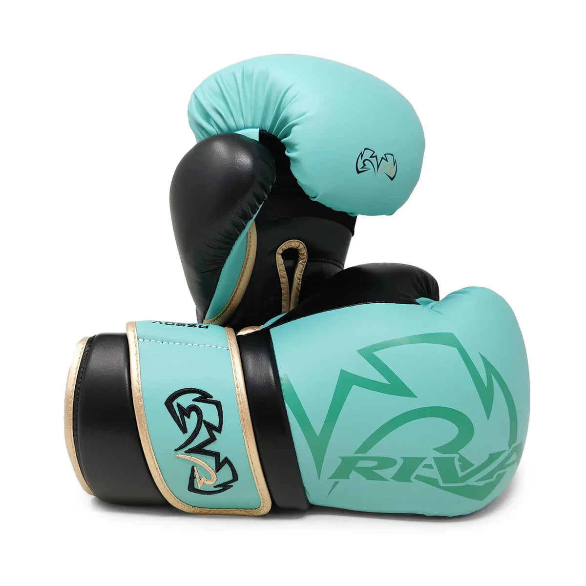 Pair of teal and black boxing gloves with 'Rival' branding on a white background
