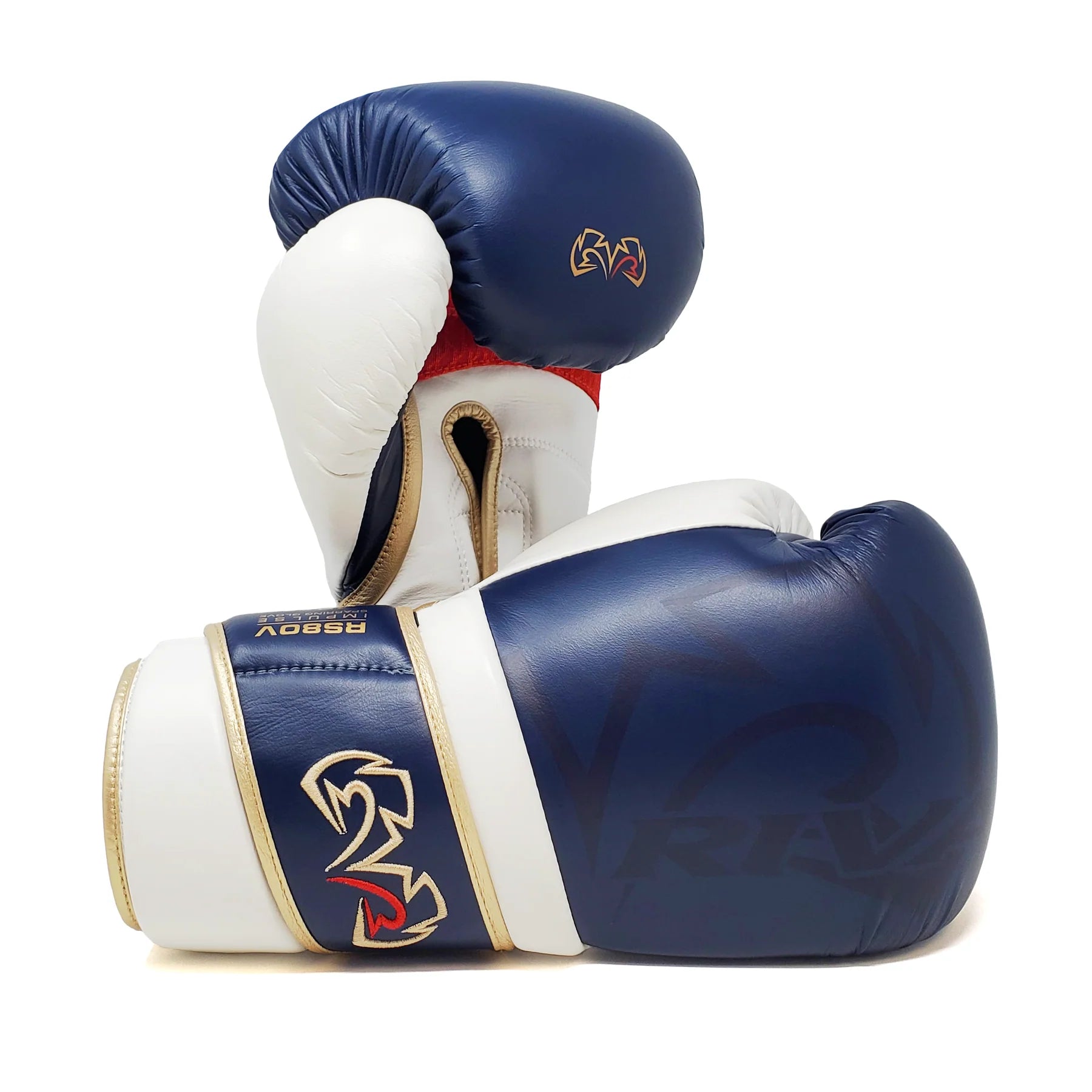 Pair of blue and white boxing gloves with a brand logo on a white background