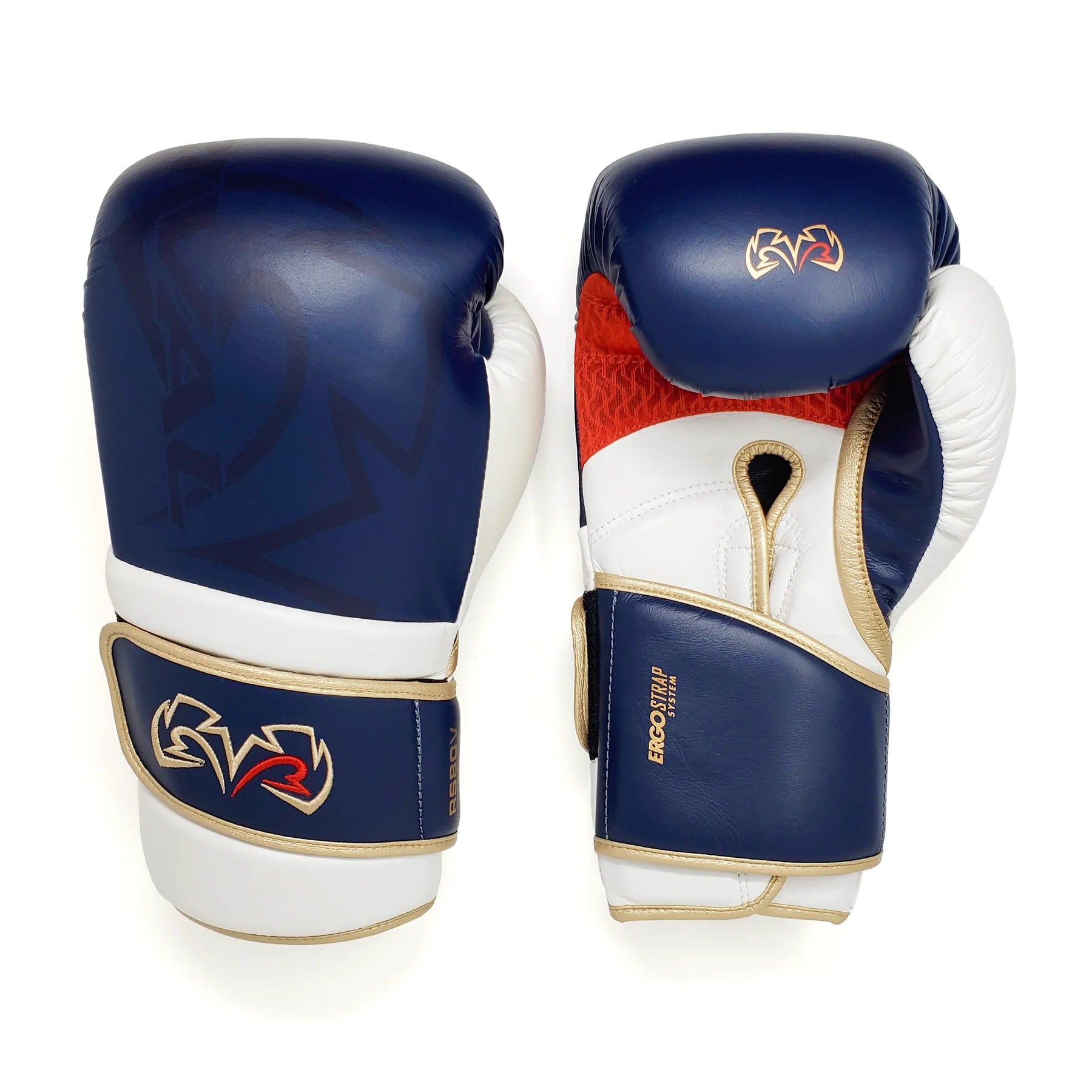 Pair of blue, white, and red Rival boxing gloves with a brand logo on a white background