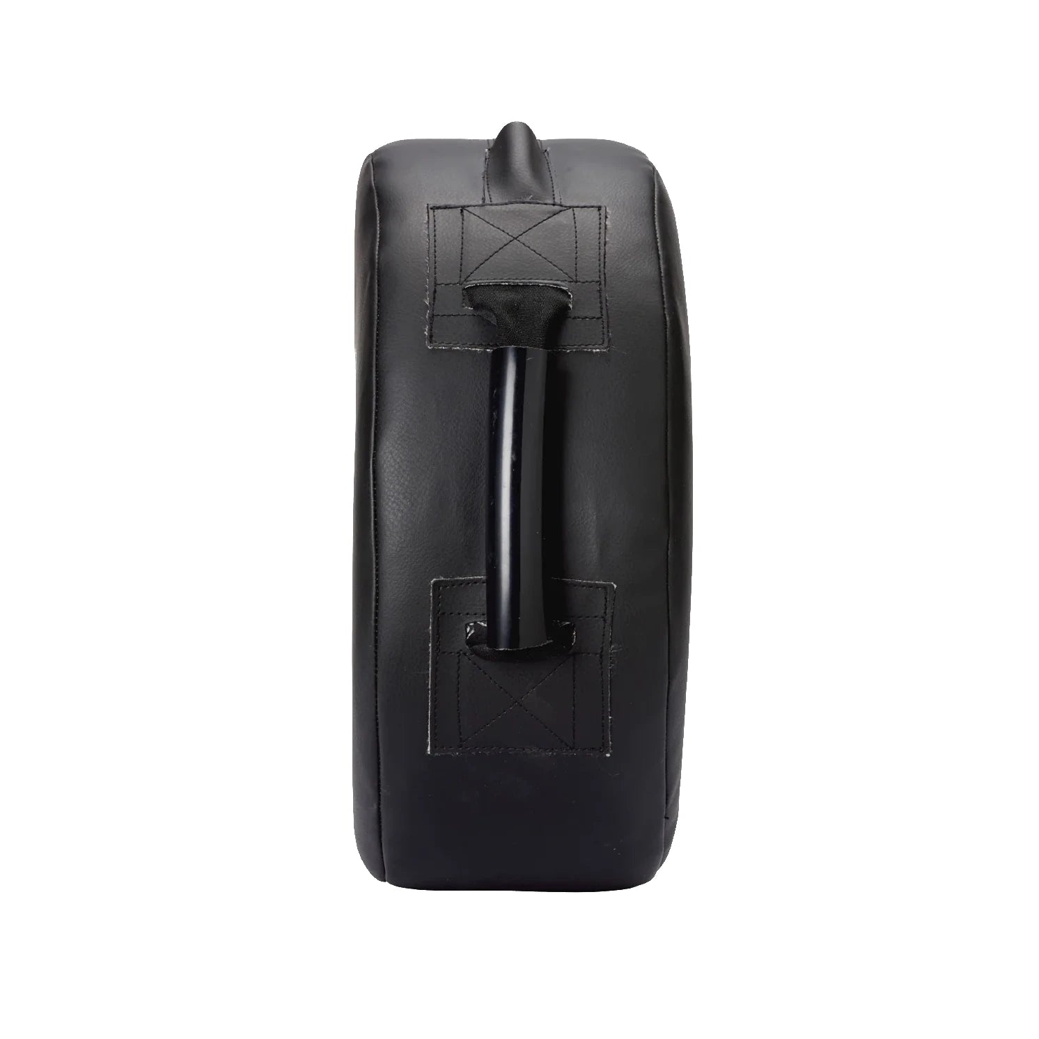Black leather round shield with a handle on a white background