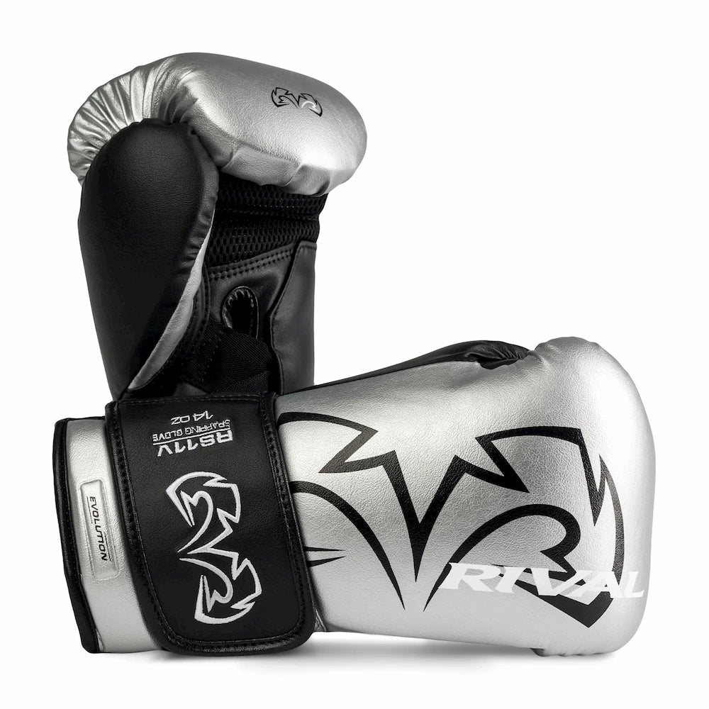 Pair of black and silver Rival boxing gloves with a brand logo on a white background