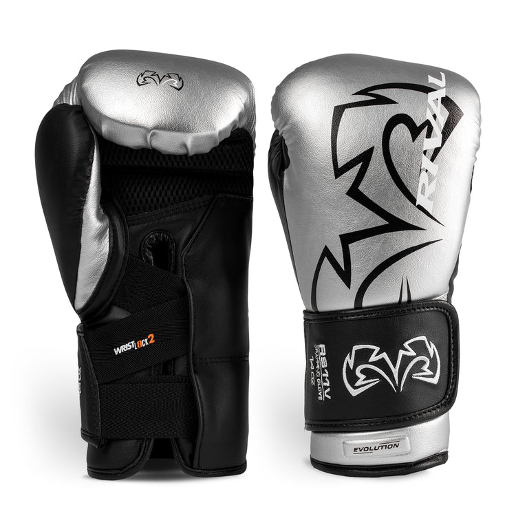 Pair of black and silver Rival boxing gloves with brand logo on a white background