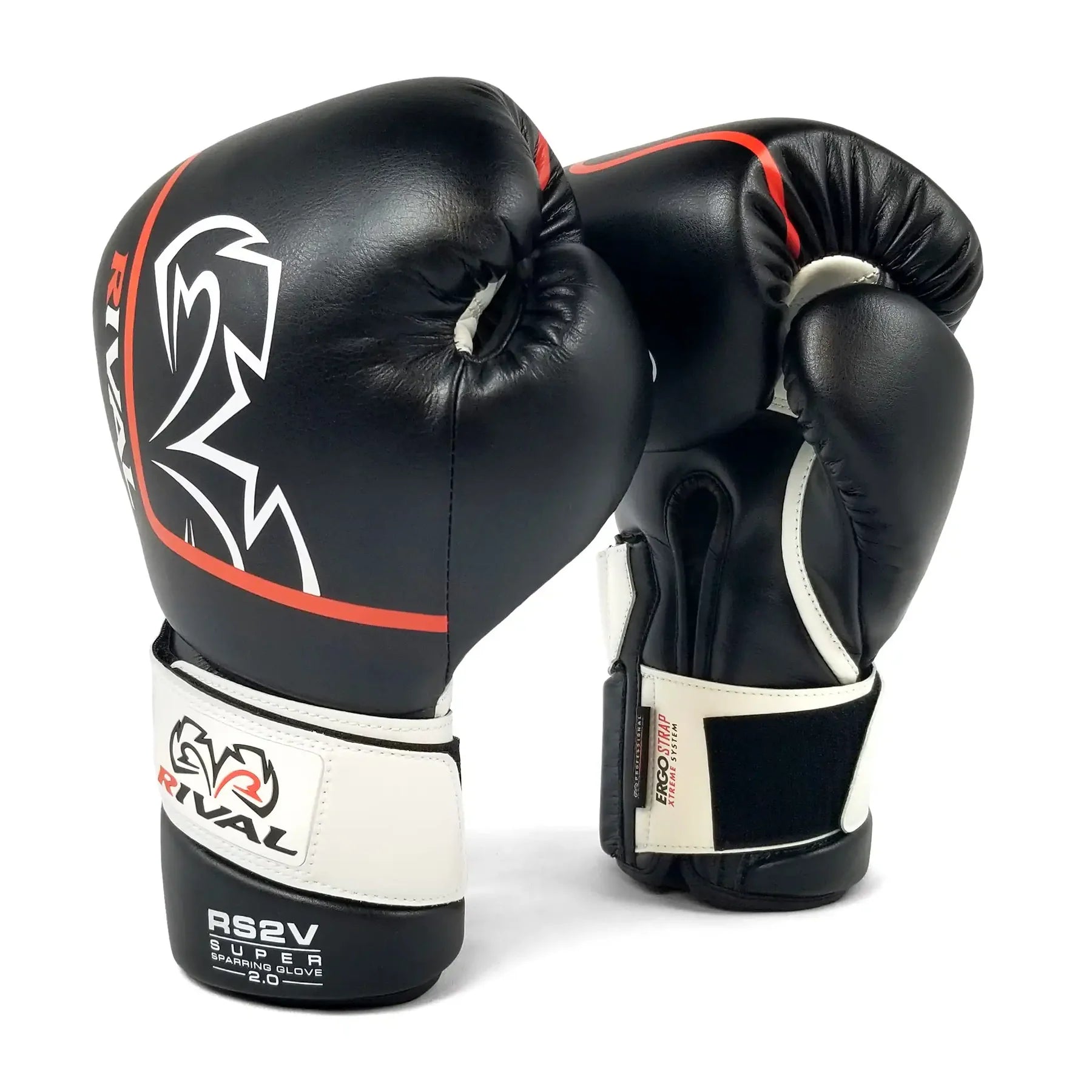 Pair of black boxing gloves with white and red accents on a white background