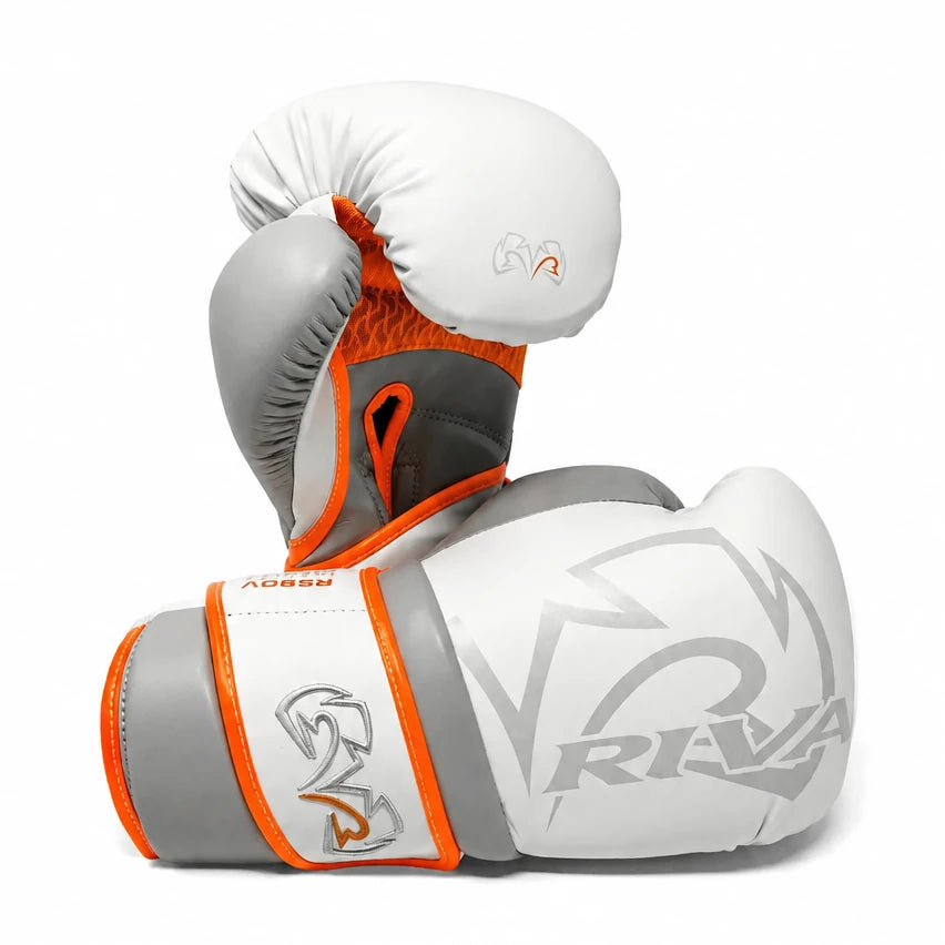 Pair of gray and orange boxing gloves with 'Rival' branding on a white background