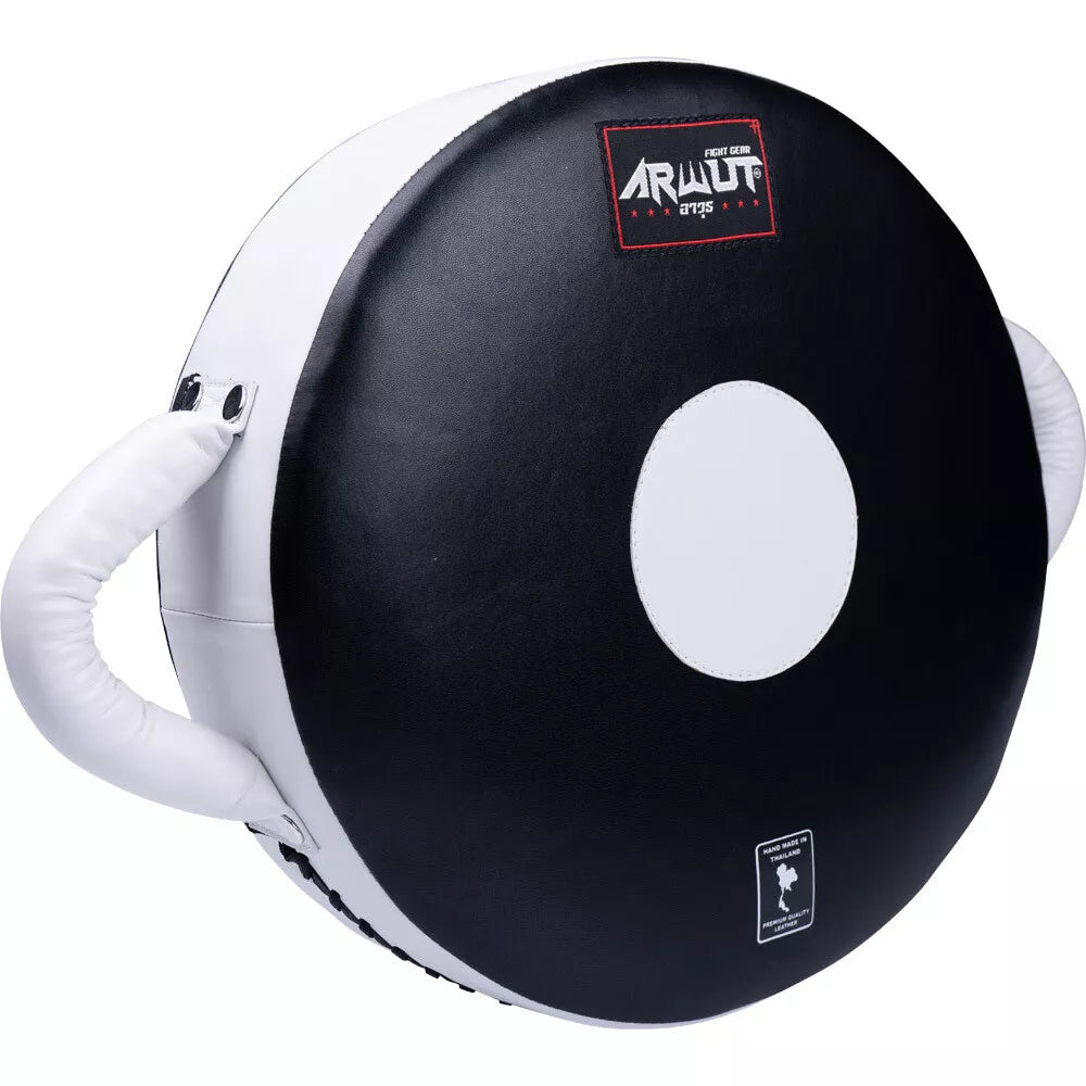 Black and white boxing pad with 'Arwut' branding on a white background