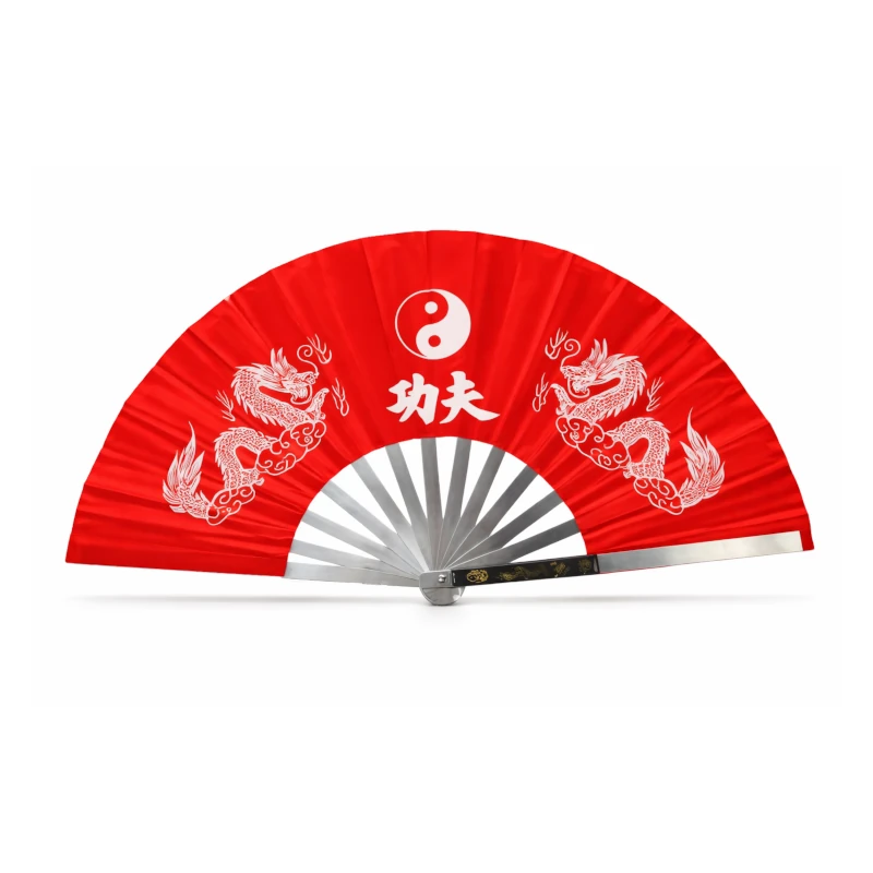 Red tai chi fan with white dragon designs and Chinese characters on a white background