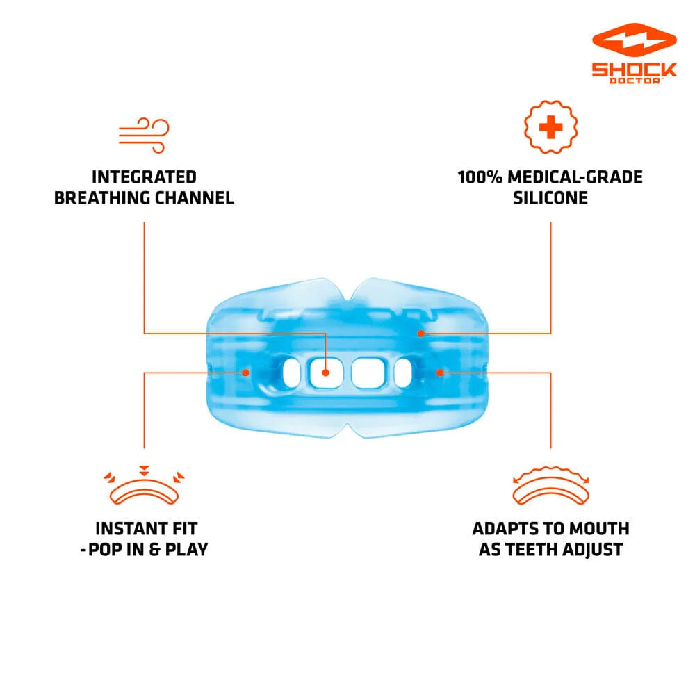 Blue mouthguard with features highlighted on a white background, featuring the Shock Doctor logo.