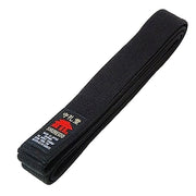 Black belt with a red and white logo on a white background