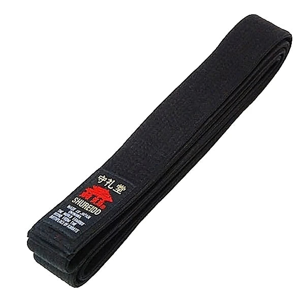 Black belt with a red and white logo on a white background