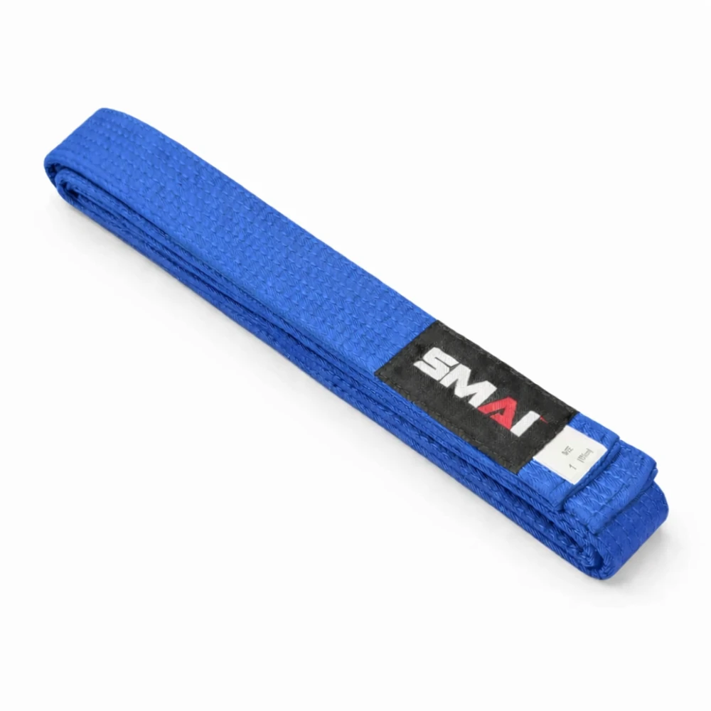 Blue martial arts belt with a SMAI logo on a white background
