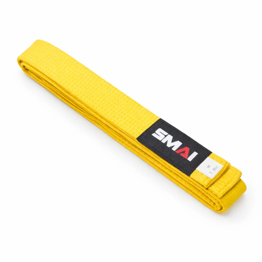Yellow martial arts belt with SMAI label on a white background
