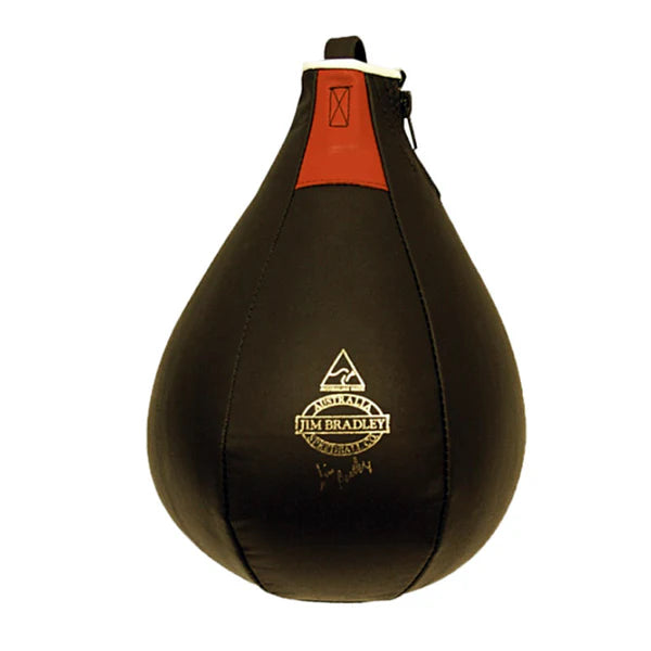 Black and orange punching bag with a Jim Bradley logo on a white background