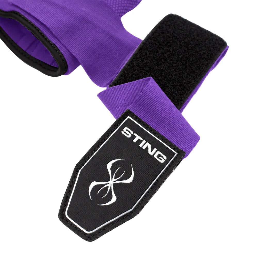 Purple and black wrist wraps with a black label reading STING and a white infinity symbol, shown on a white background.
