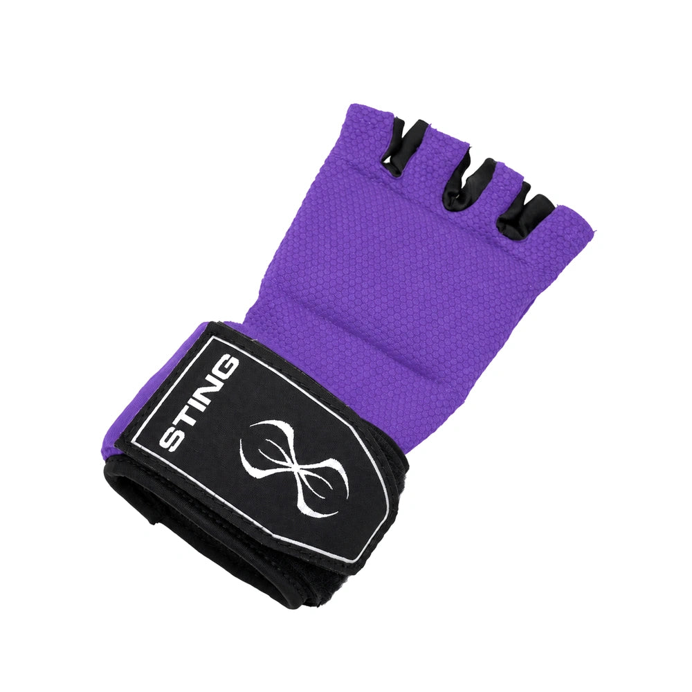 A purple fingerless quick wrap with a black wrist strap and white STING branding, shown on a plain white background.