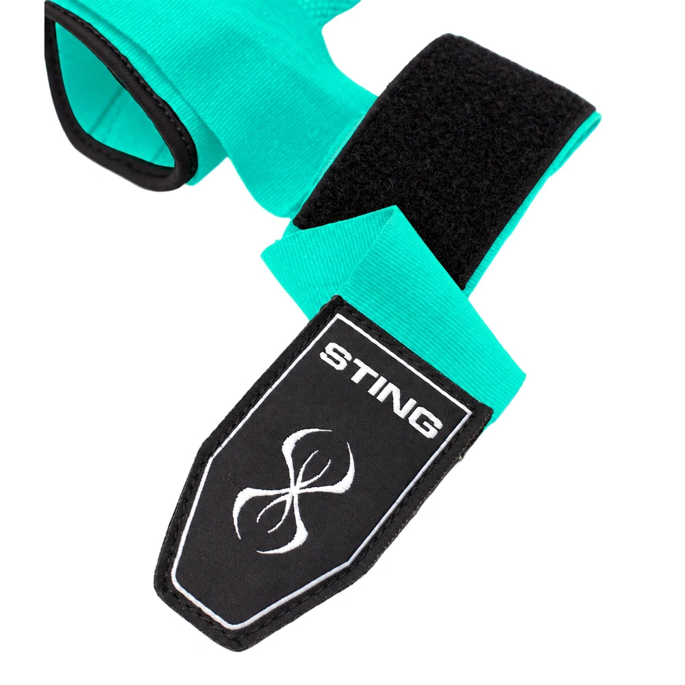 A pair of turquoise and black boxing wrist wraps with a black velcro strap and a black thumb pad featuring the white STING brand logo.