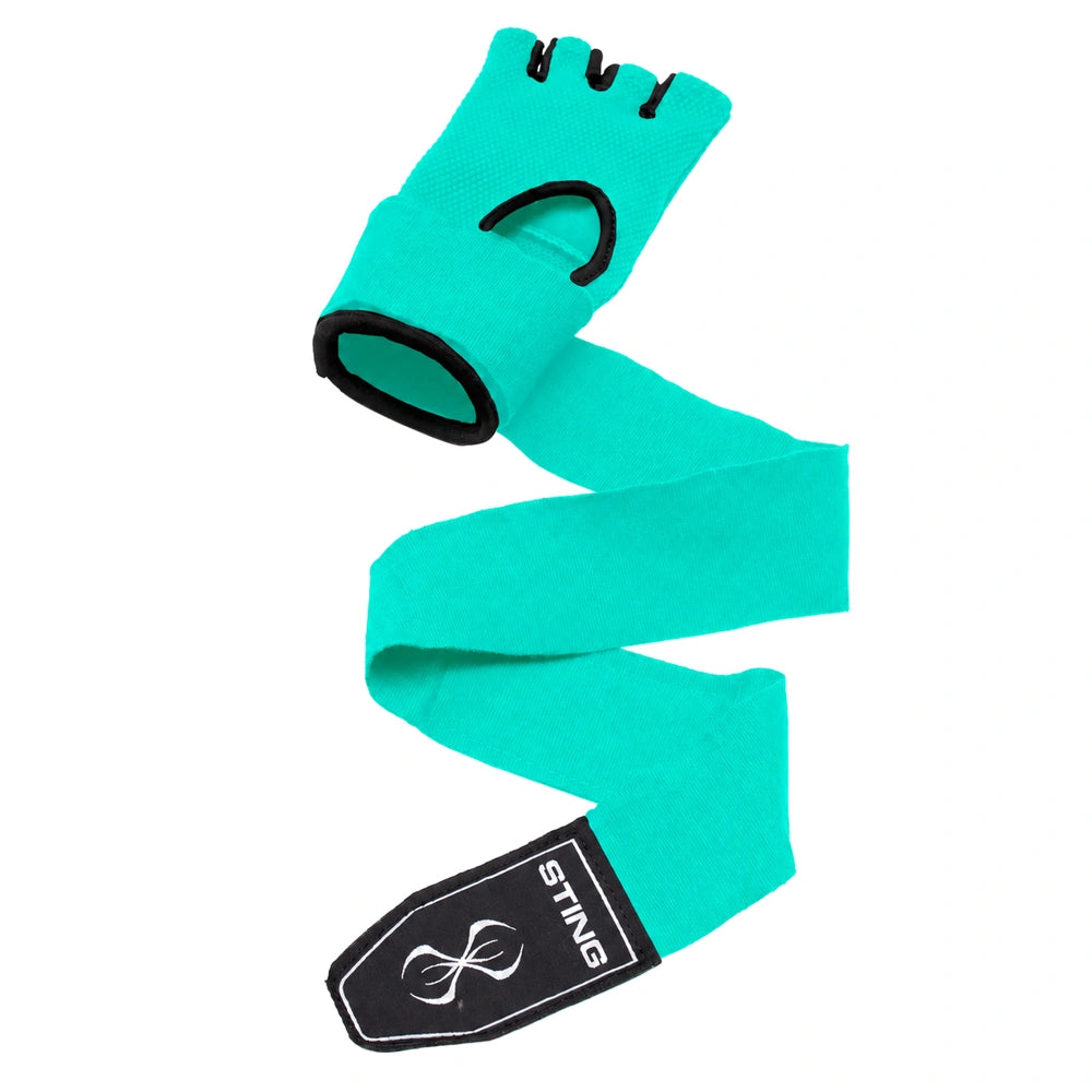 A fingerless boxing quick wraps in a vibrant teal colour with black trim and thumb holes, shown on a plain white background.