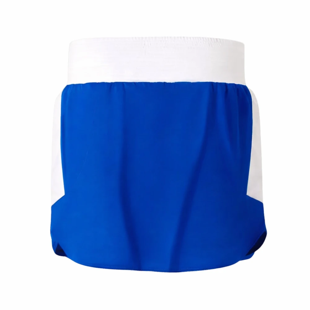 Blue boxing skort shorts with white waistband on a white background