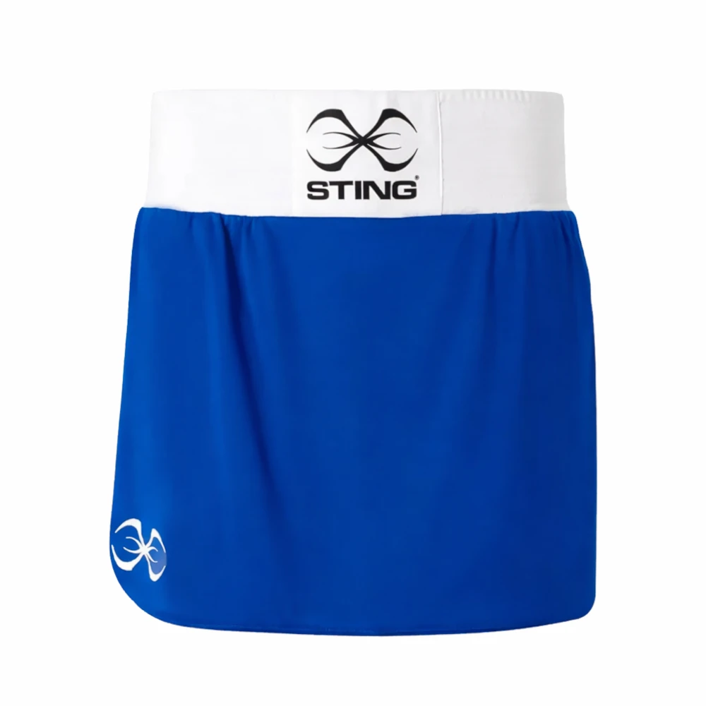 Blue boxing skort with white waistband featuring 'Sting' logo on a white background