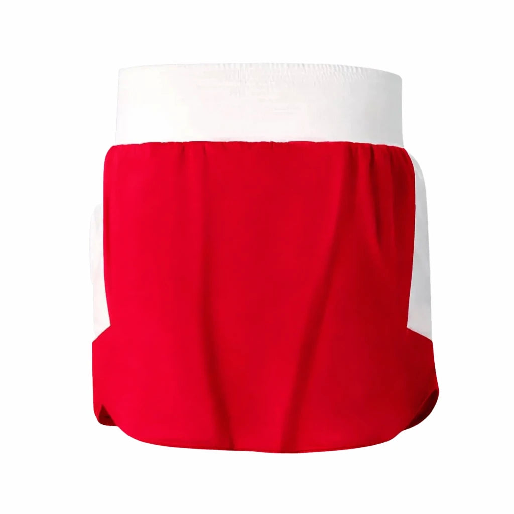 Red boxing skort with white trim on a white background