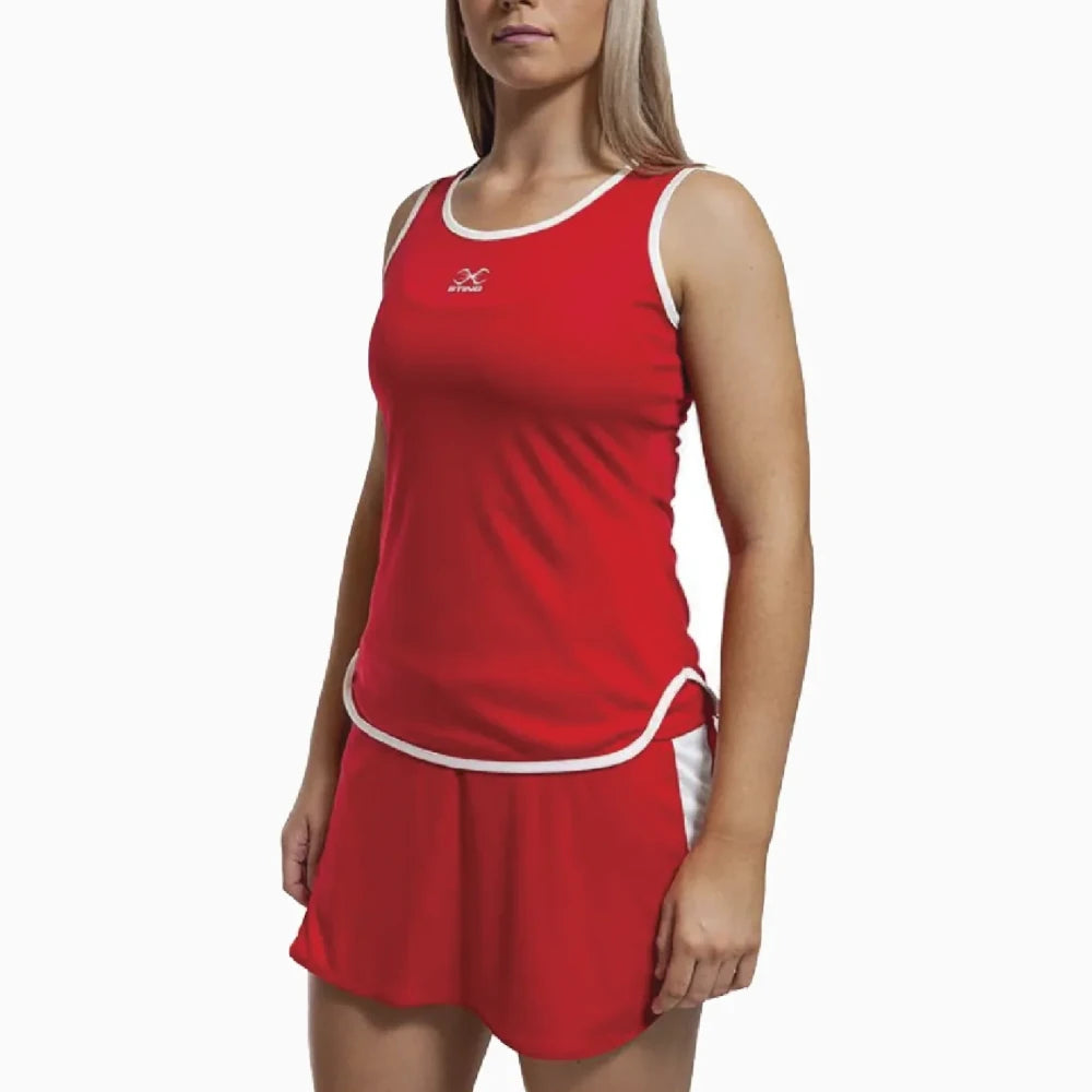 Woman wearing a red boxing outfit with a logo on a white background