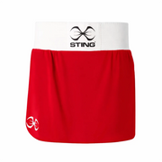 Red boxing skorts with white waistband featuring 'Sting' logo on a white background