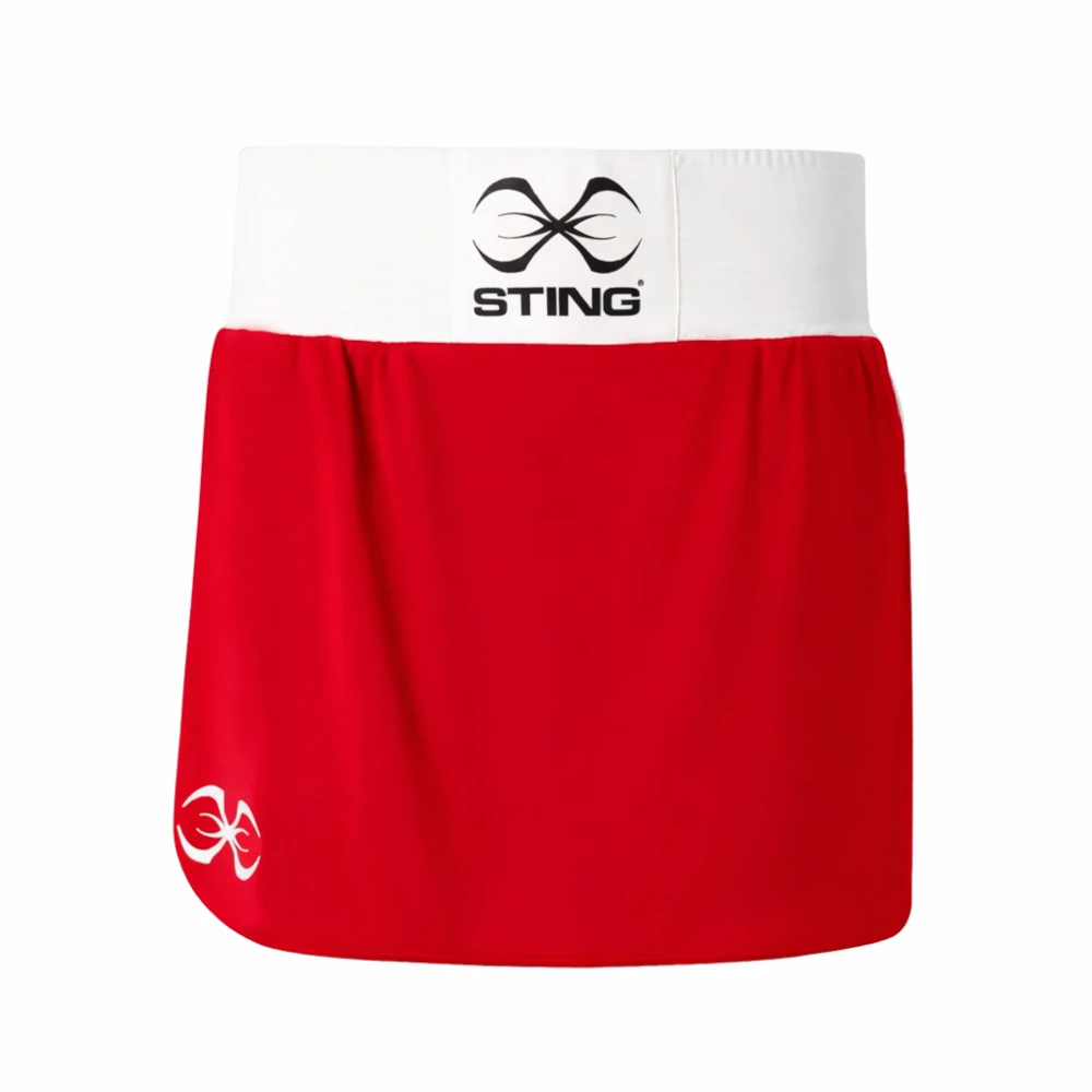 Red boxing skorts with white waistband featuring 'Sting' logo on a white background