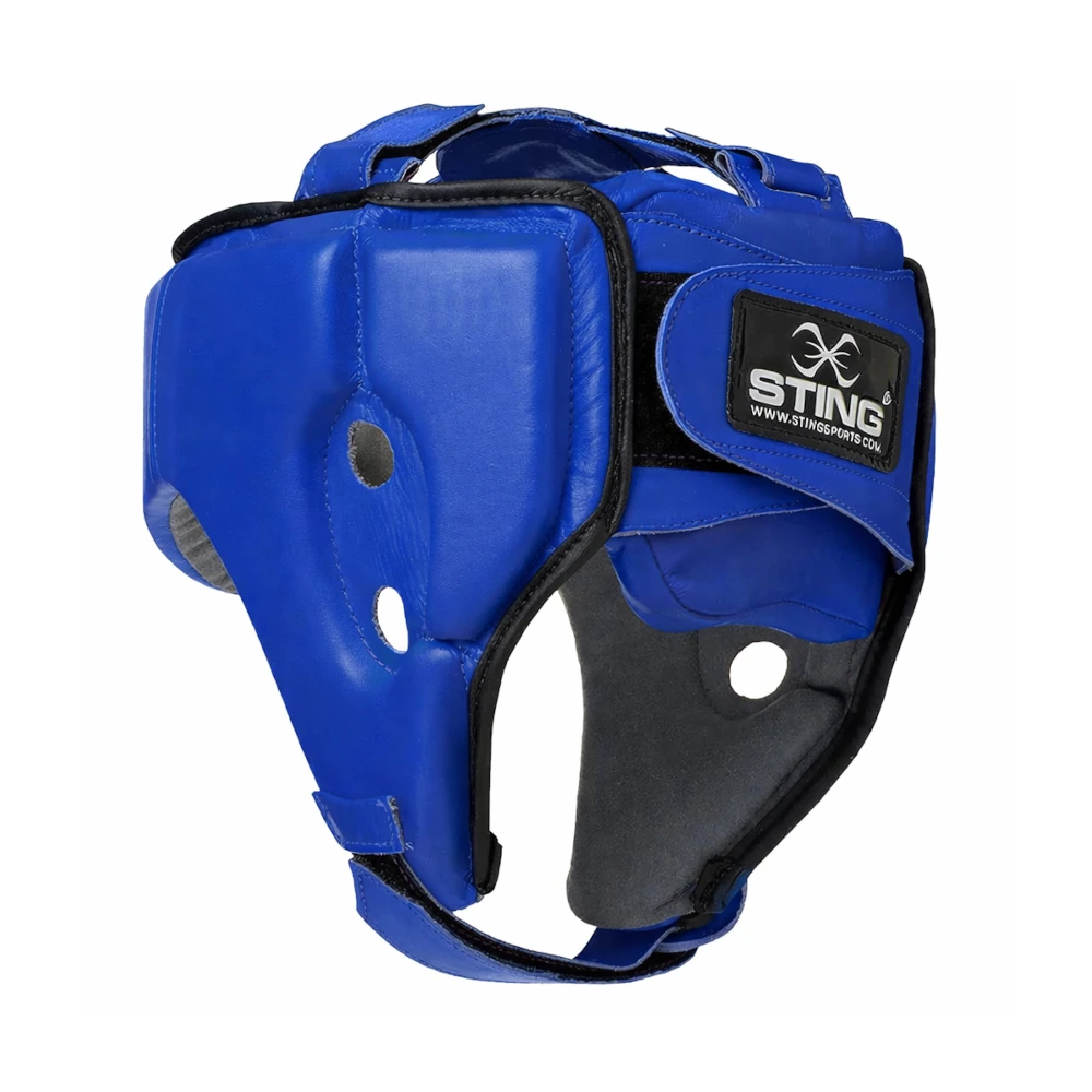 Blue and black headgear with Sting logo on a white background