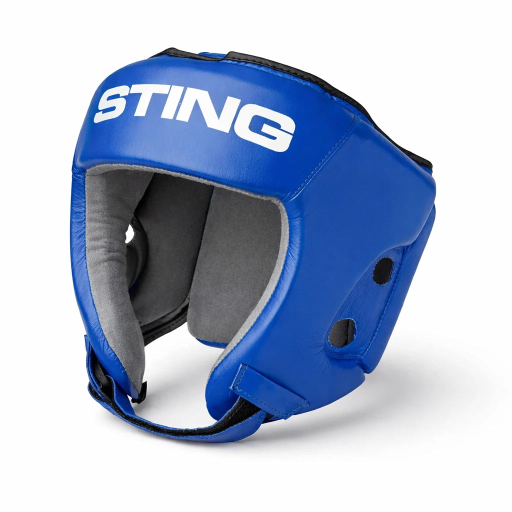 Blue boxing headgear with 'STING' branding on a white background