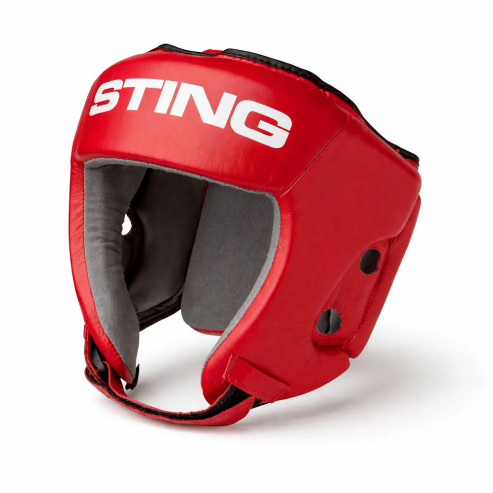 Red boxing headgear with 'STING' branding on a white background