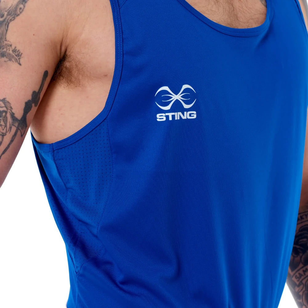 Blue boxing tank top with 'STING' logo on a white background