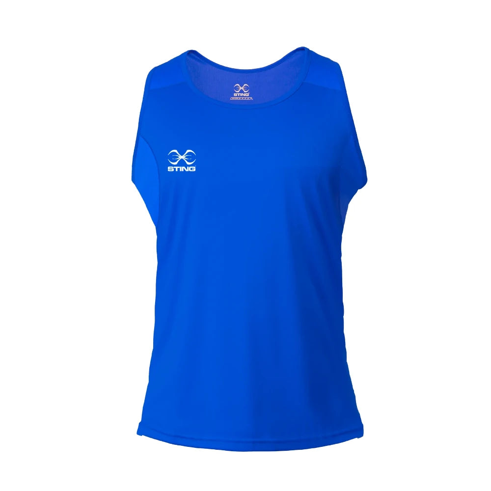 Blue sleeveless boxing shirt with a logo on a white background