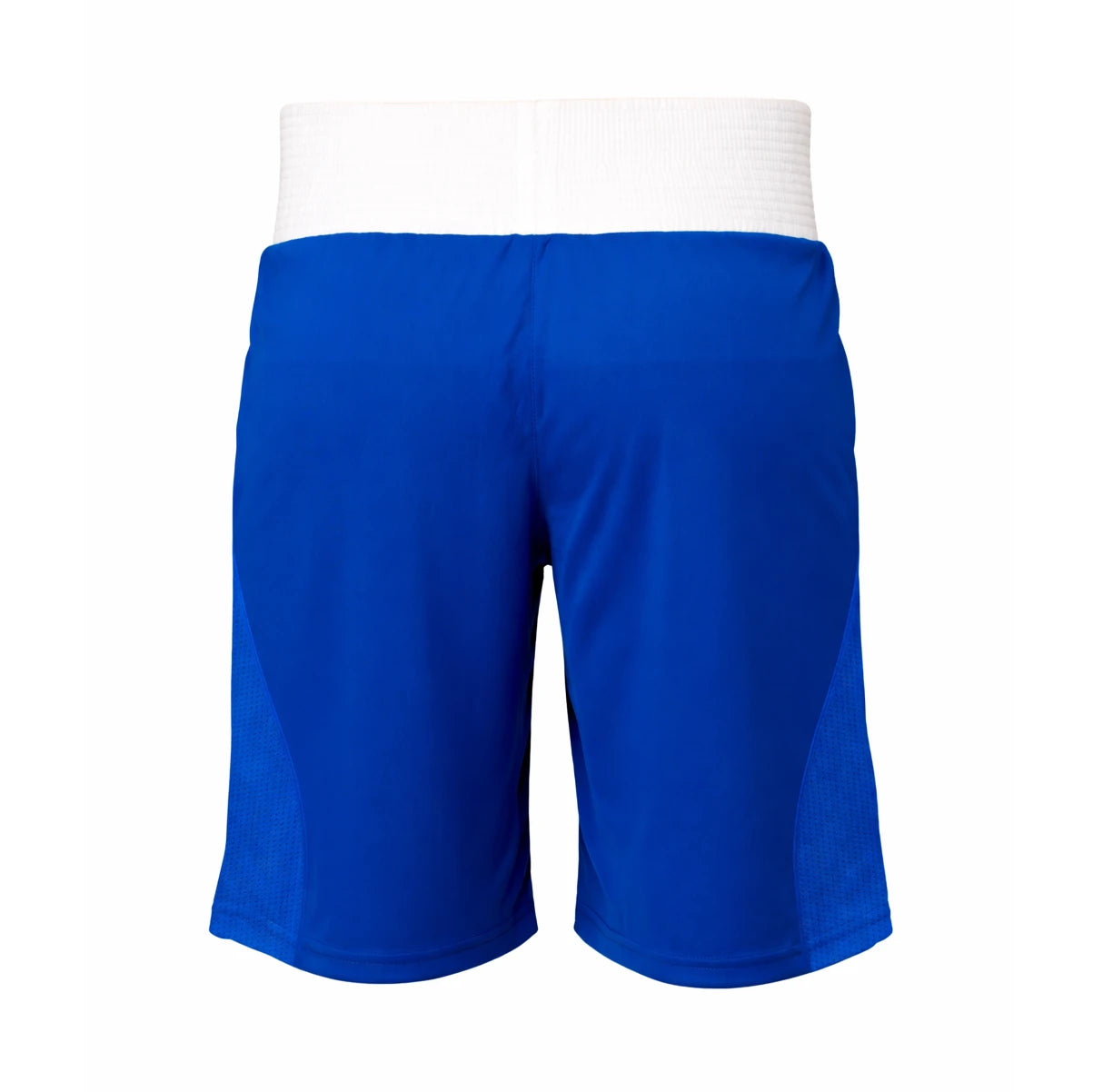 Blue boxing shorts with a white waistband on a white background