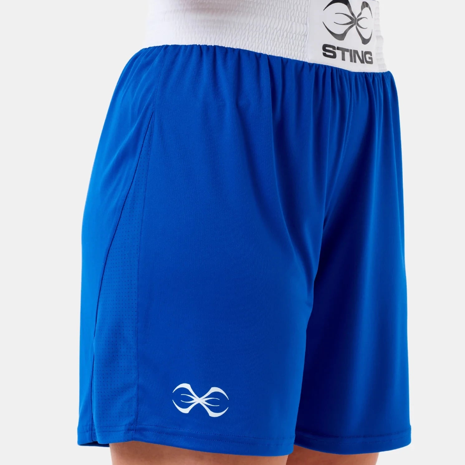 Blue boxing shorts with Sting logo on a white background