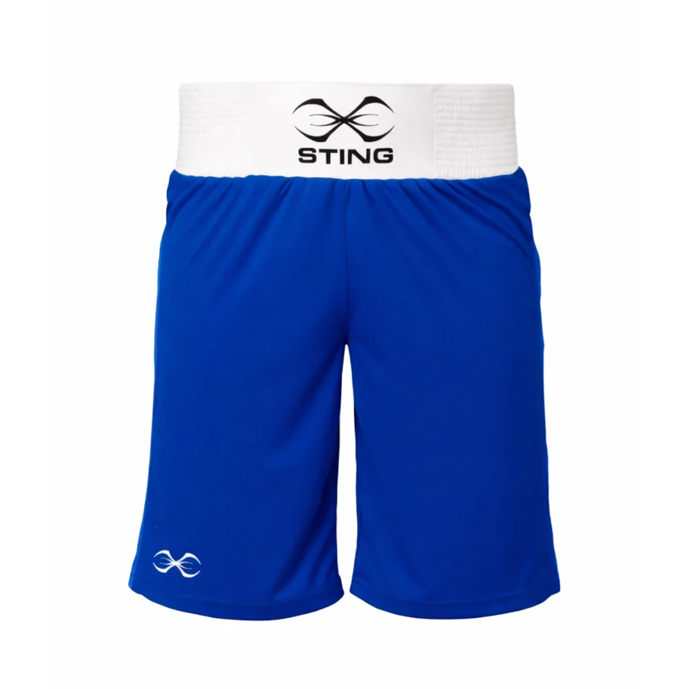 Blue boxing shorts with white waistband featuring 'Sting' logo on a white background
