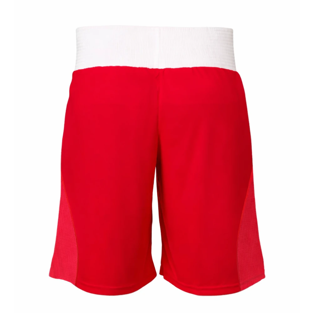 Red boxing shorts with a white waistband on a white background