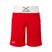 Red boxing shorts with a white waistband featuring the 'Sting' brand logo on a white background.