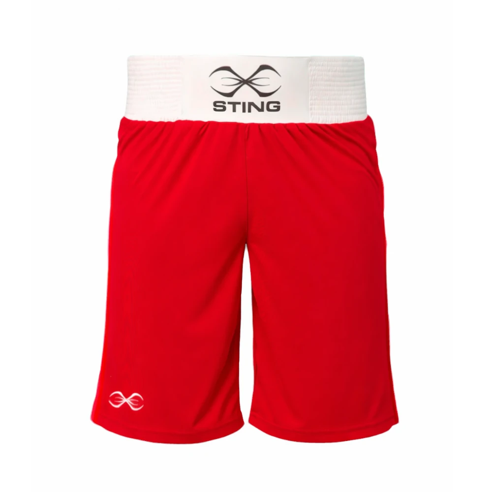 Red boxing shorts with a white waistband featuring the 'Sting' brand logo on a white background.