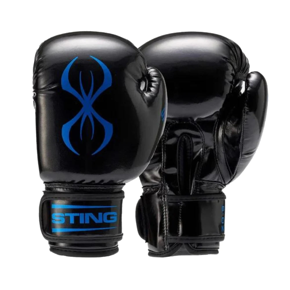 Black kids boxing gloves with blue logo and 'STING' branding on a white background
