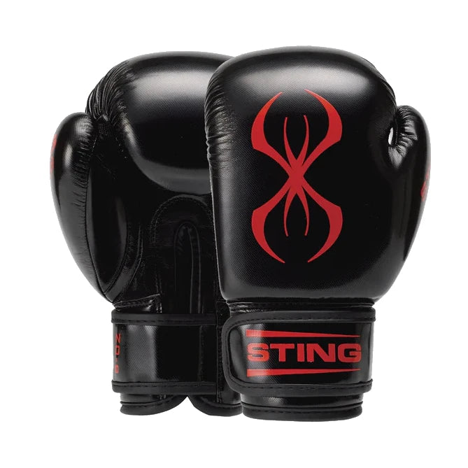 Black Sting Sports kids boxing gloves with red logo on a white background