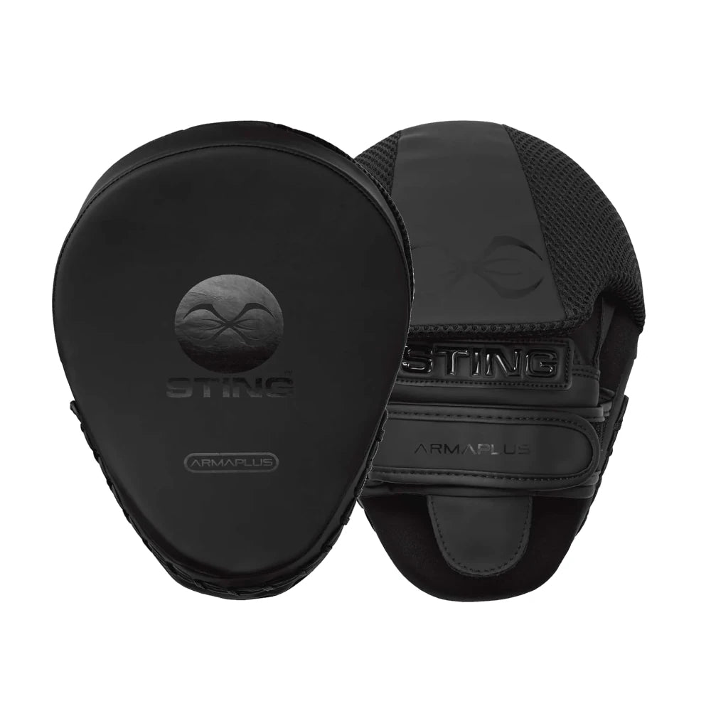 Black boxing focus mitts with 'Sting Sports' branding on a white background