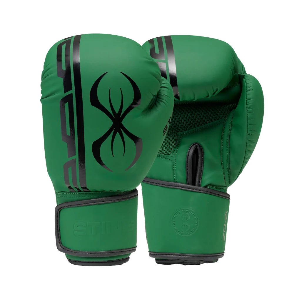 Green Sting Armaplus boxing gloves with black logo and branding on a white background