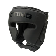 Black boxing headgear with 'Sting' branding on a white background