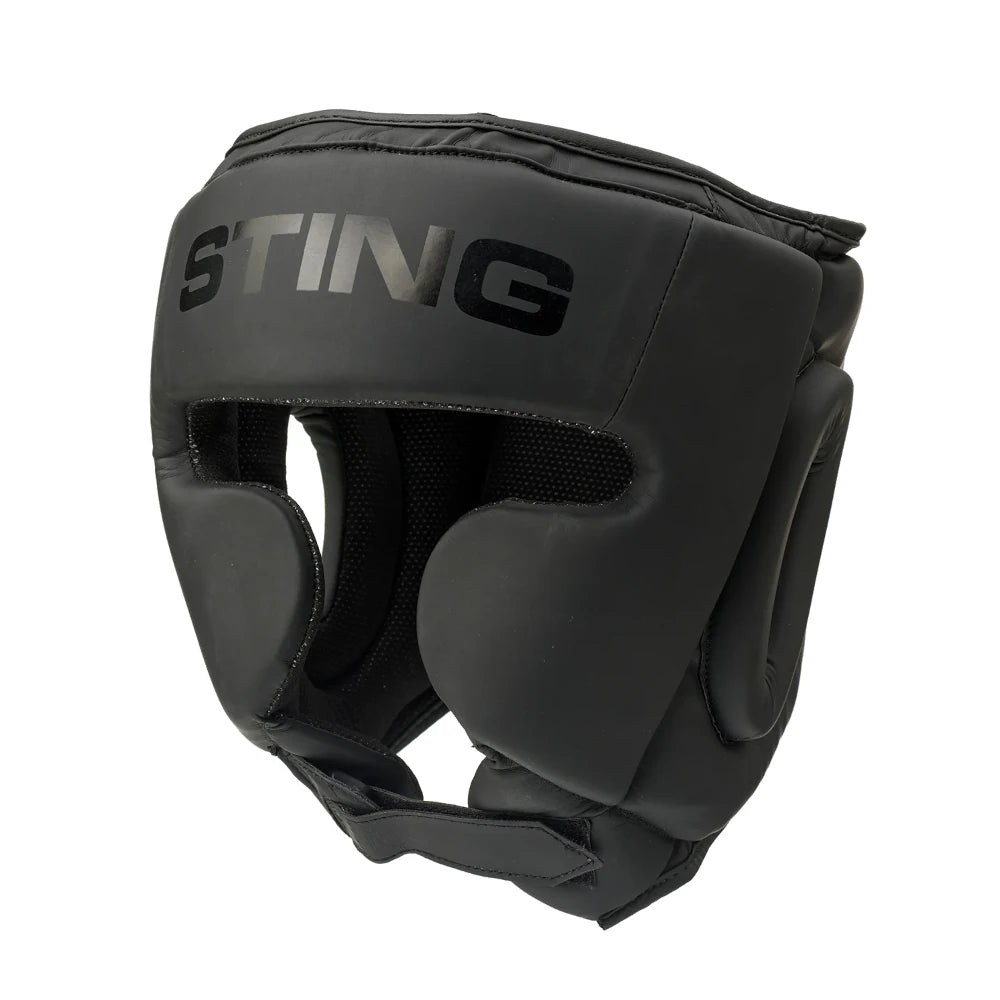 Black boxing headgear with 'Sting' branding on a white background