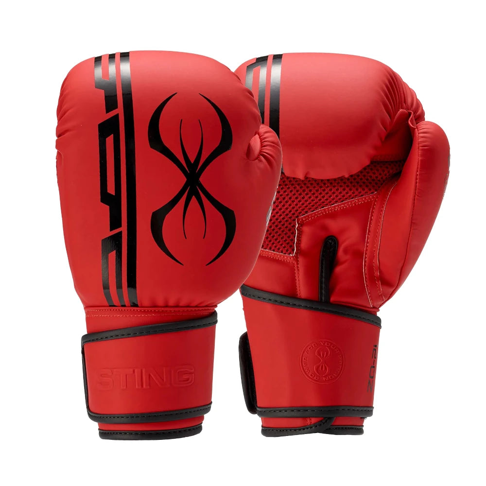 Red Sting Sports Armaplus boxing gloves with black accents on a white background