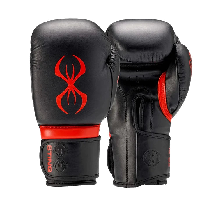 Black Sting Sports Armapro boxing gloves with red accents and a logo on a white background